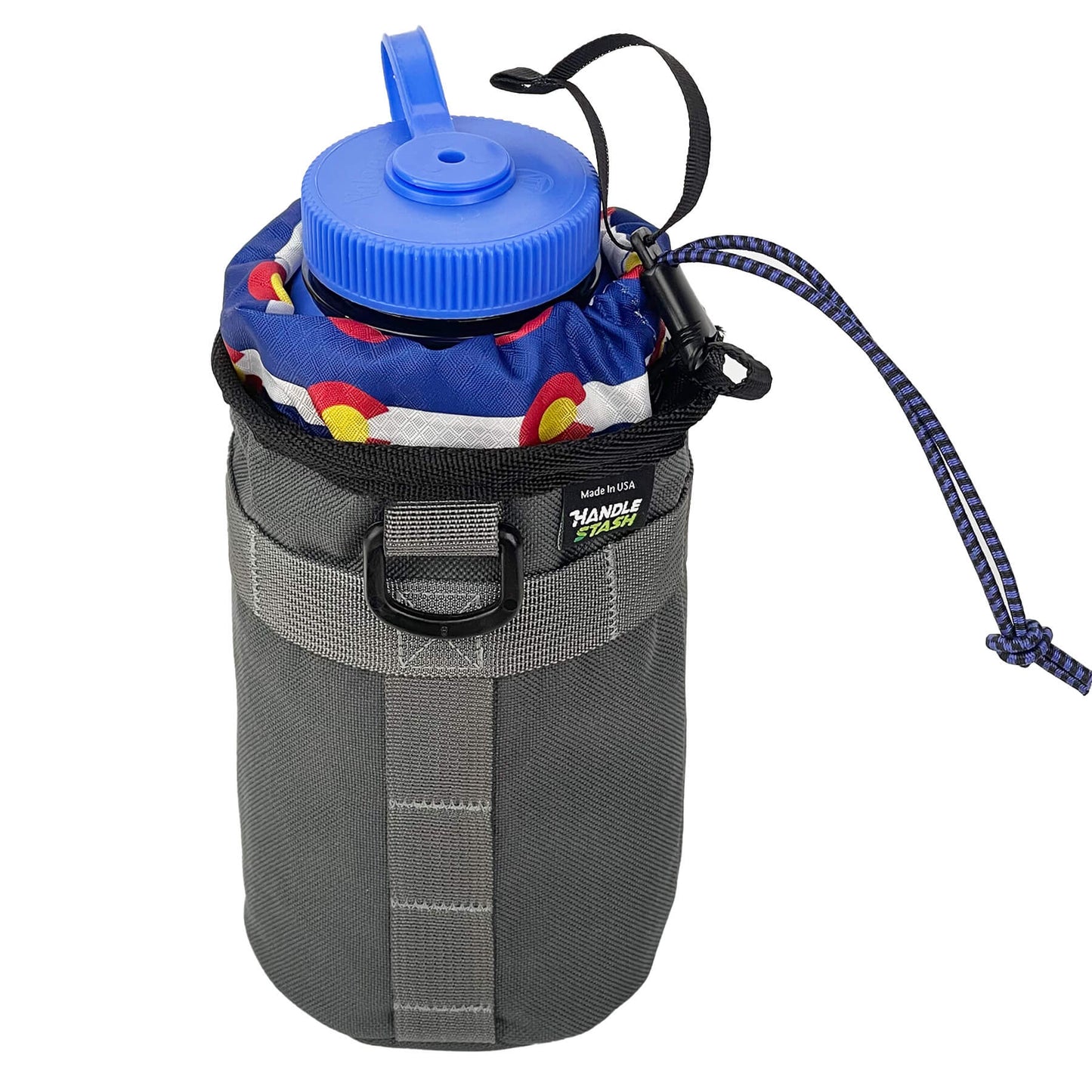 Grey stem bag with Colorado Flag liner holding a nalgene bottle.