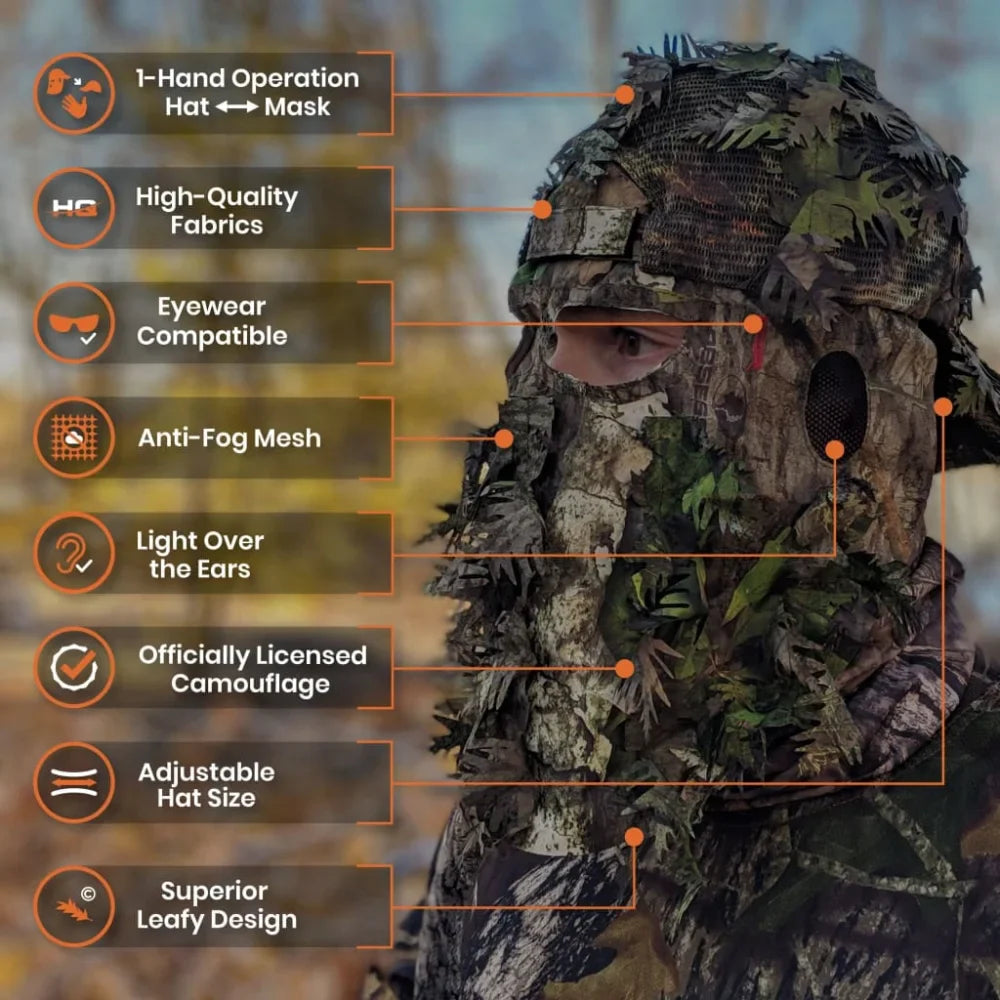 2-in-1 Leafy Camo Hat with Built-in Face Mask (MOSSY OAK &
